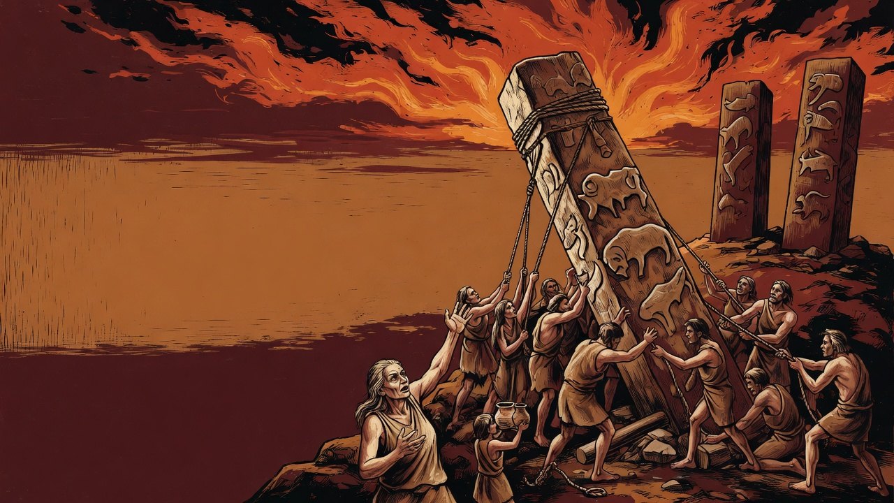 Un grupo de personas levanta entre todas un pilar de piedra tallada al atardecer, sin capataz ni jefe, canon visual de Stones Don't Lie Press