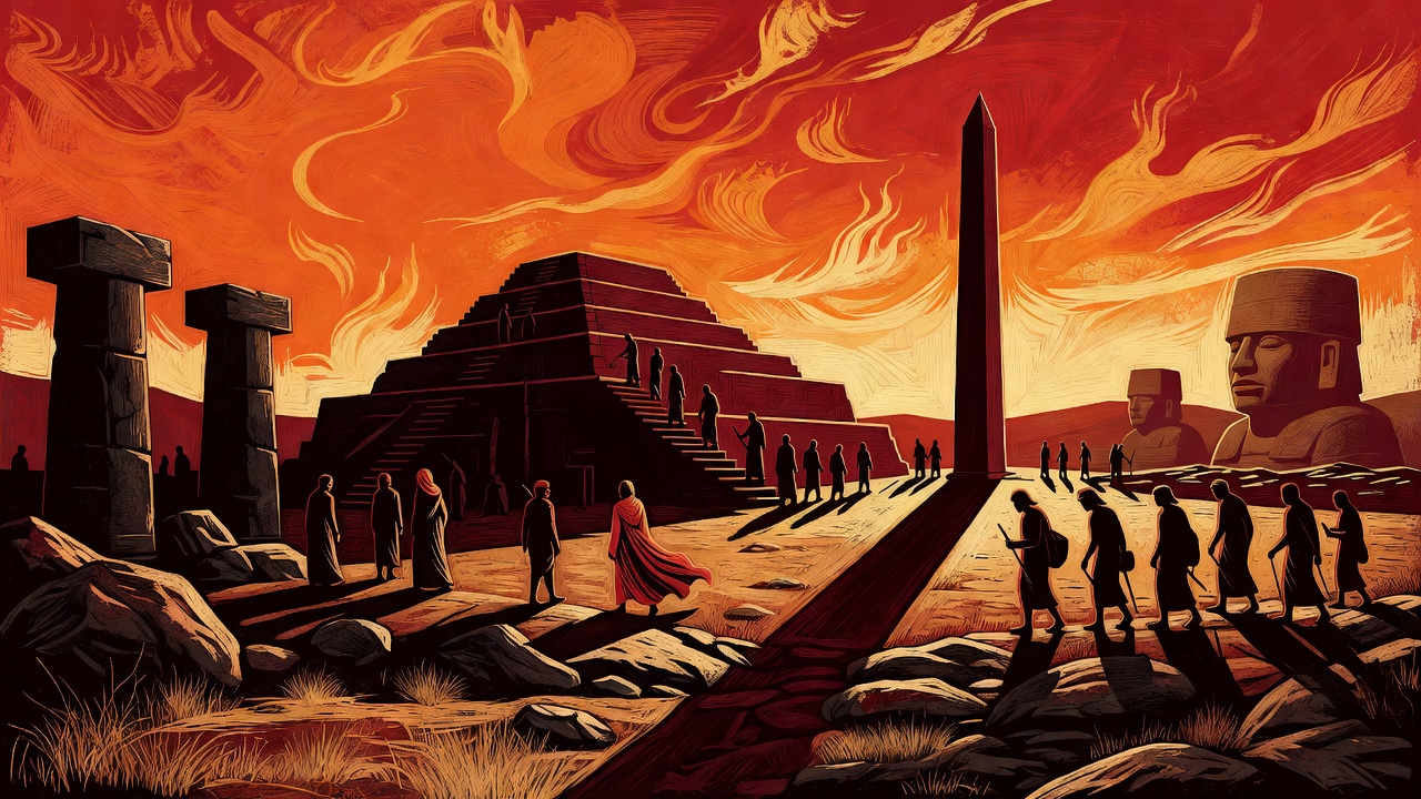 Archaeological panorama with Neolithic T-pillars, a ziggurat, an obelisk and an Olmec head under a dusk sky, SDLP Kollwitz canon